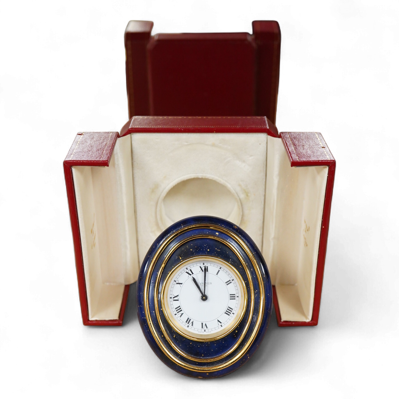 A Must de Cartier blue-enamelled travelling timepiece, in original case, 9.5cm high